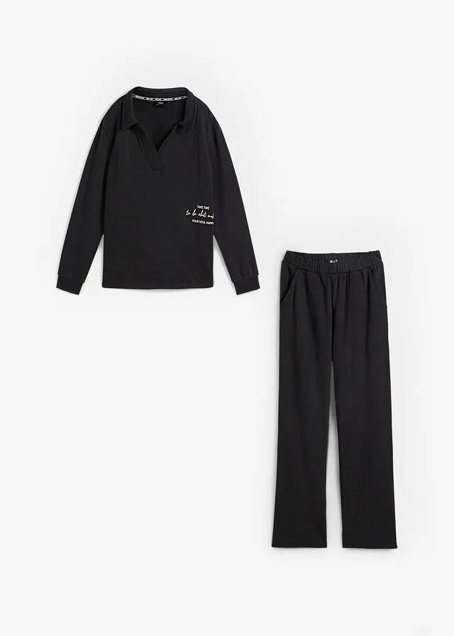 Black Sweatshirt and Wide-leg Pants Tracksuit Set